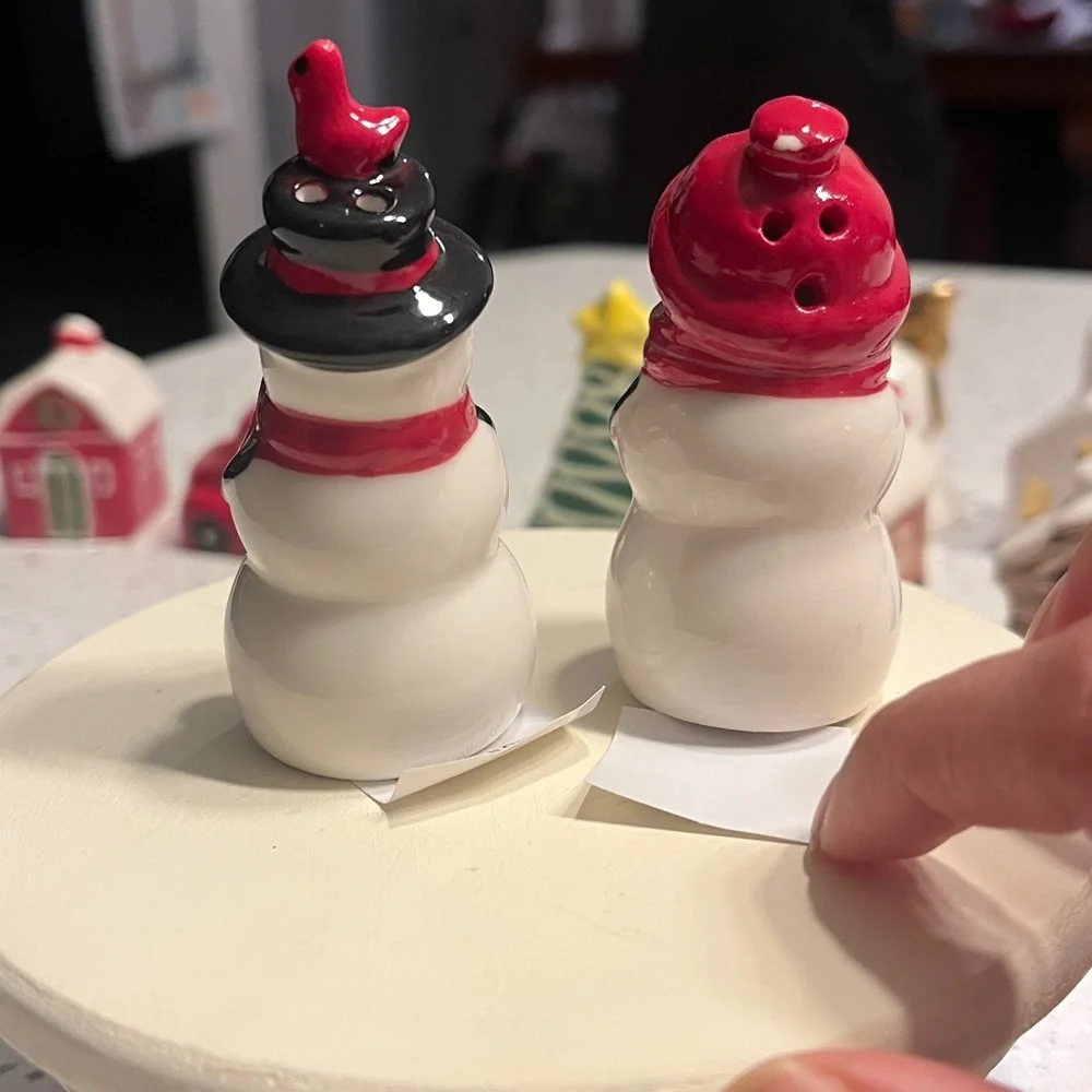 Ceramic Snowman Figurines with Red and Black Accents